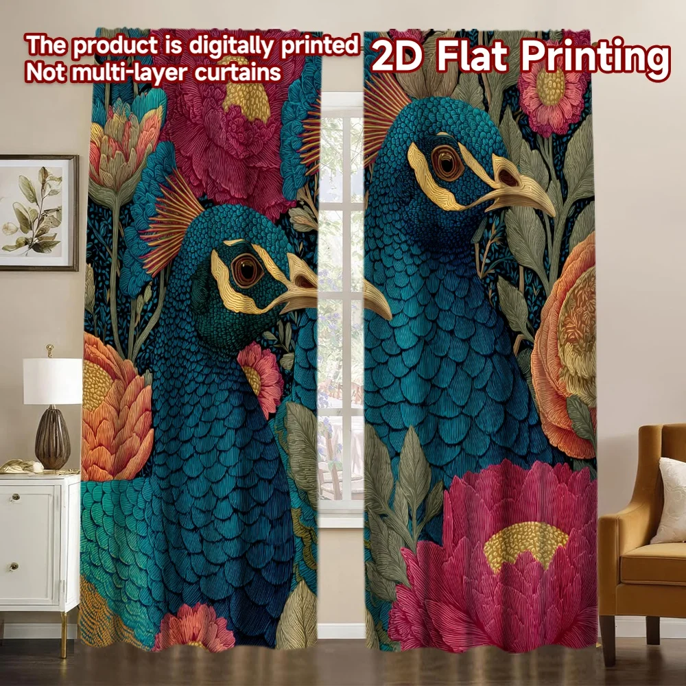 2D FLAT PRINTING 2pcs Curtains (Without Rod) Elegant Peacock Among Flowers Popular Contemporary Curtains Versatile Polyester