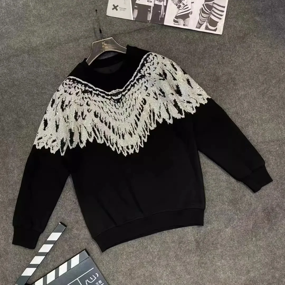 2025 Spring and Autumn New Loose Casual Fashion Trend Pullover Heavy Rhinestone Long Sleeve Crew Neck Sweatshirt for Men