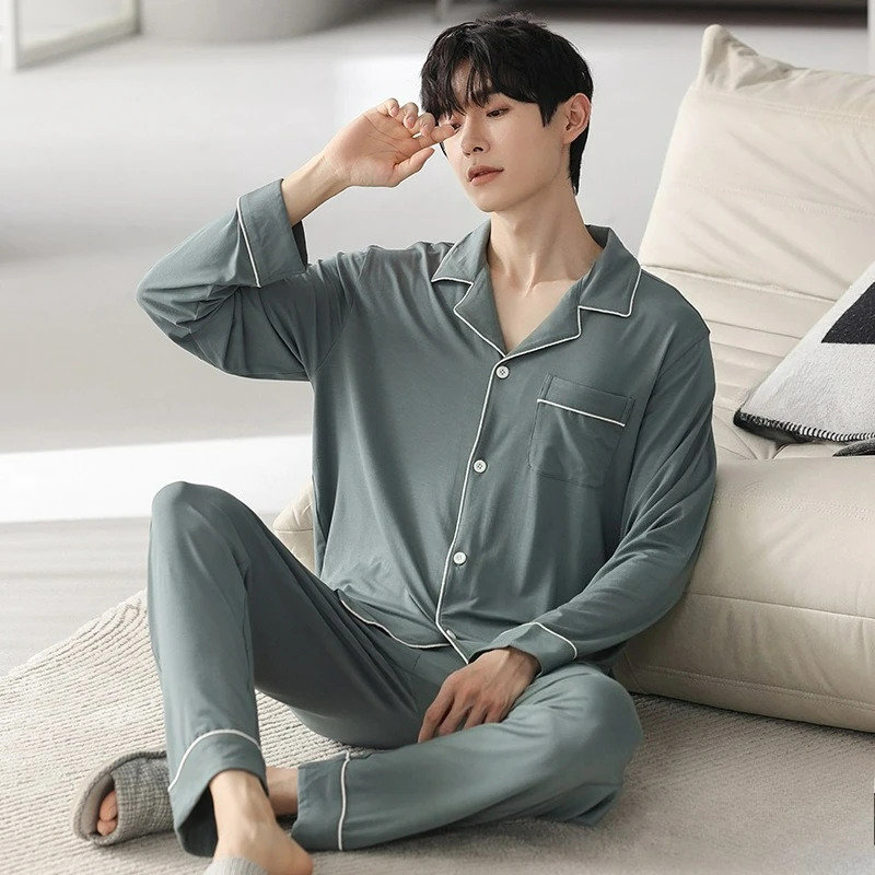 بيجامات رجالية للربيع والخريف سراويل مشروط بأكمام طويلة النسخة الكورية مجموعة ملابس تنحيف مقاس كبير مشاية تهوية #6