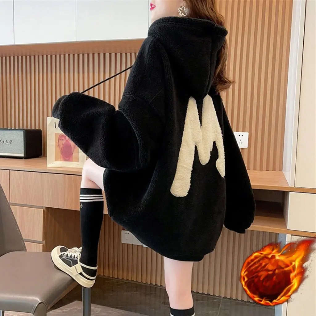 เสื้อแจ็คเก็ตมีฮู้ดบุขนแกะสำหรับผู้หญิง สไตล์ลำลอง หลวม ใส่ได้ทุกโอกาส แฟชั่นฤดูใบไม้ร่วงและฤดูหนาว