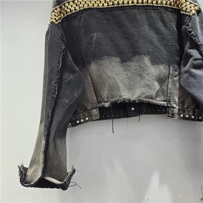Travail lourd Rivet perlé diamant noir contraste couleur courte veste en jean mode col montant à manches longues Cowboy vêtements d'extérieur