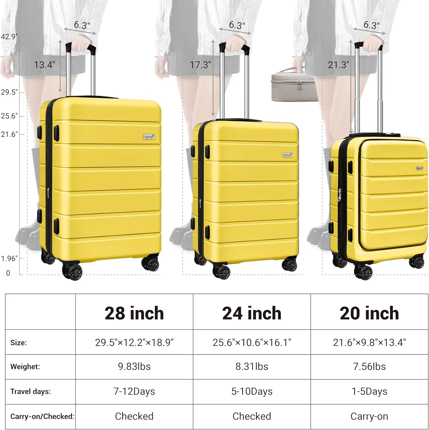 Expandable Luggage W/Quick Access Front Open Pocket Lightweight Carry-on with Makeup Bag, Yellow, 4 Piece Set