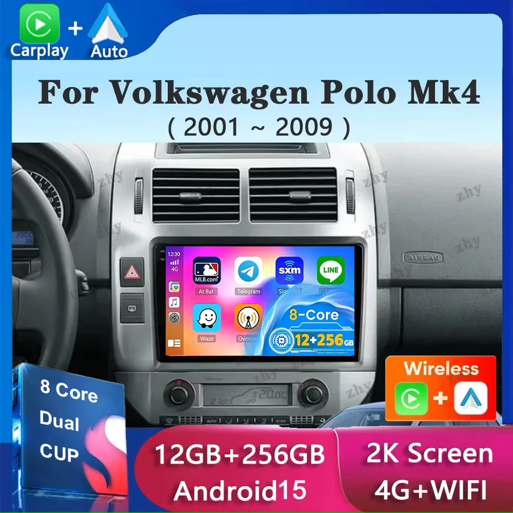 

For Volkswagen Polo Mk4 IV 2001-2009 9" QLED Android 15 Car Radio Carplay Auto Multimedia Navigation GPS Stereo 2Din DVD DSP BT