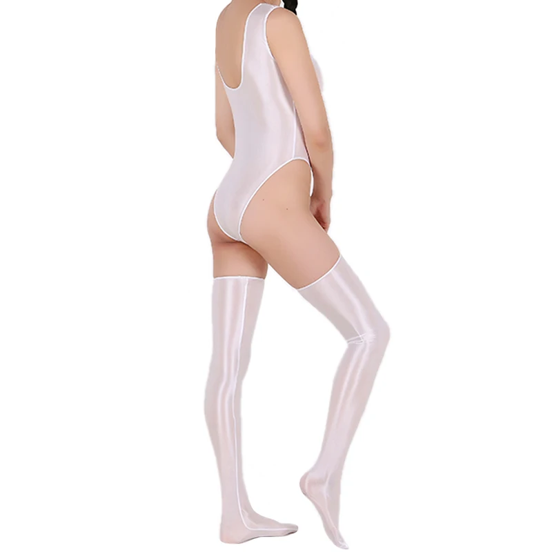 Neue Frauen öl glänzend einteilige Nachtwäsche ärmellose High Cut Bodysuit glänzende Oberschenkel hohe Strümpfe glatte elastische Stram pler Clubwear