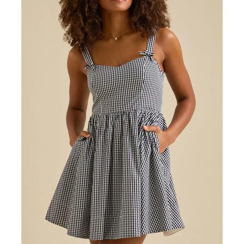 Combhasaki Abito estivo da donna con stampa scozzese senza maniche con fiocco e scollo a cuore, smock, senza schienale, corto, con volant, fluido, a trapezio