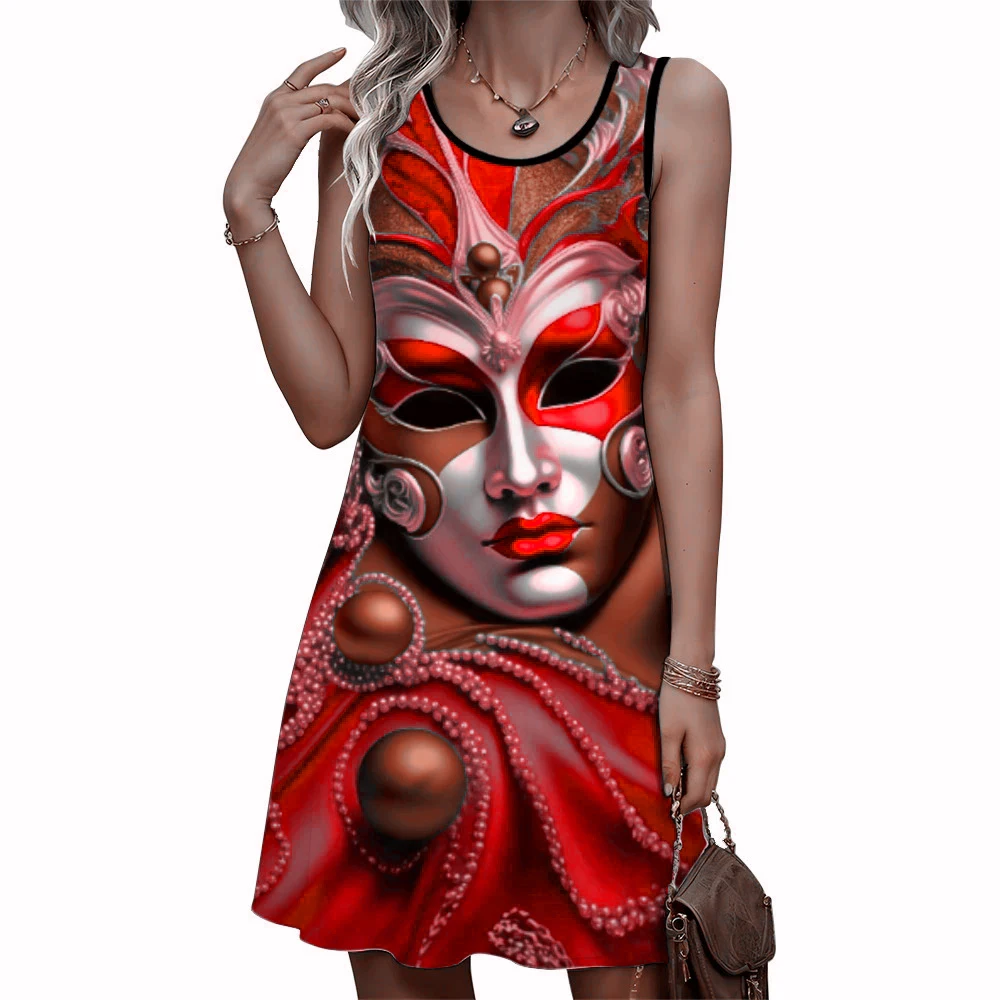 Street Hip Hop Masks Pattern Women Mini Dresses Summer Sleeveless 3d Printed Ladies Casual Dress 3XL Plus Size Loose Dress