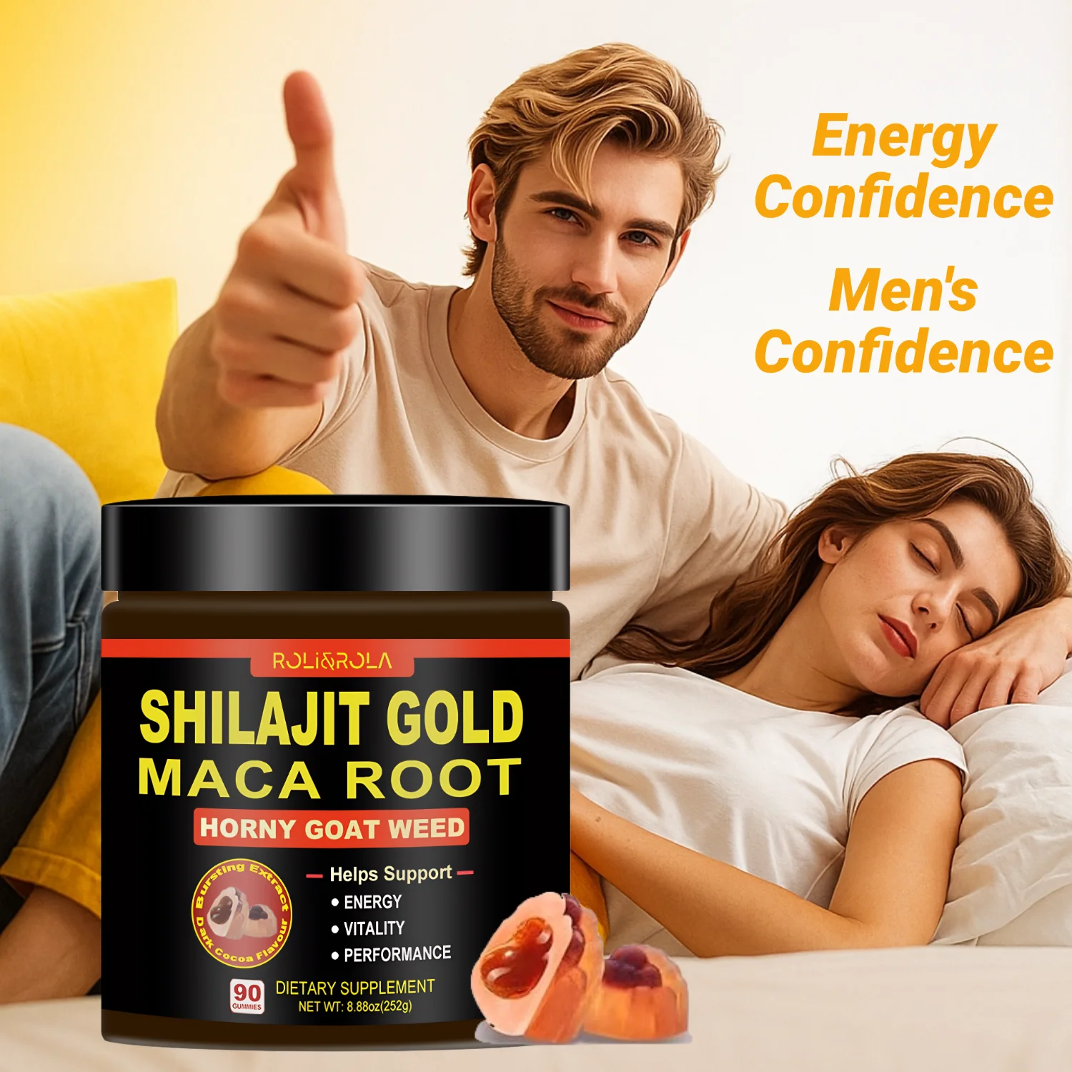 

ROLI&ROLA Shilajit Maca Horny Goat Weed Liquid-filled Gummies. Boost Energy for Men and Women. 90 count / 1 Month.