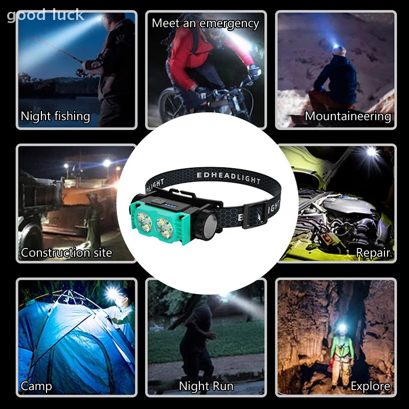 Linterna frontal recargable LED duradera, diadema ajustable, luces de trabajo USB