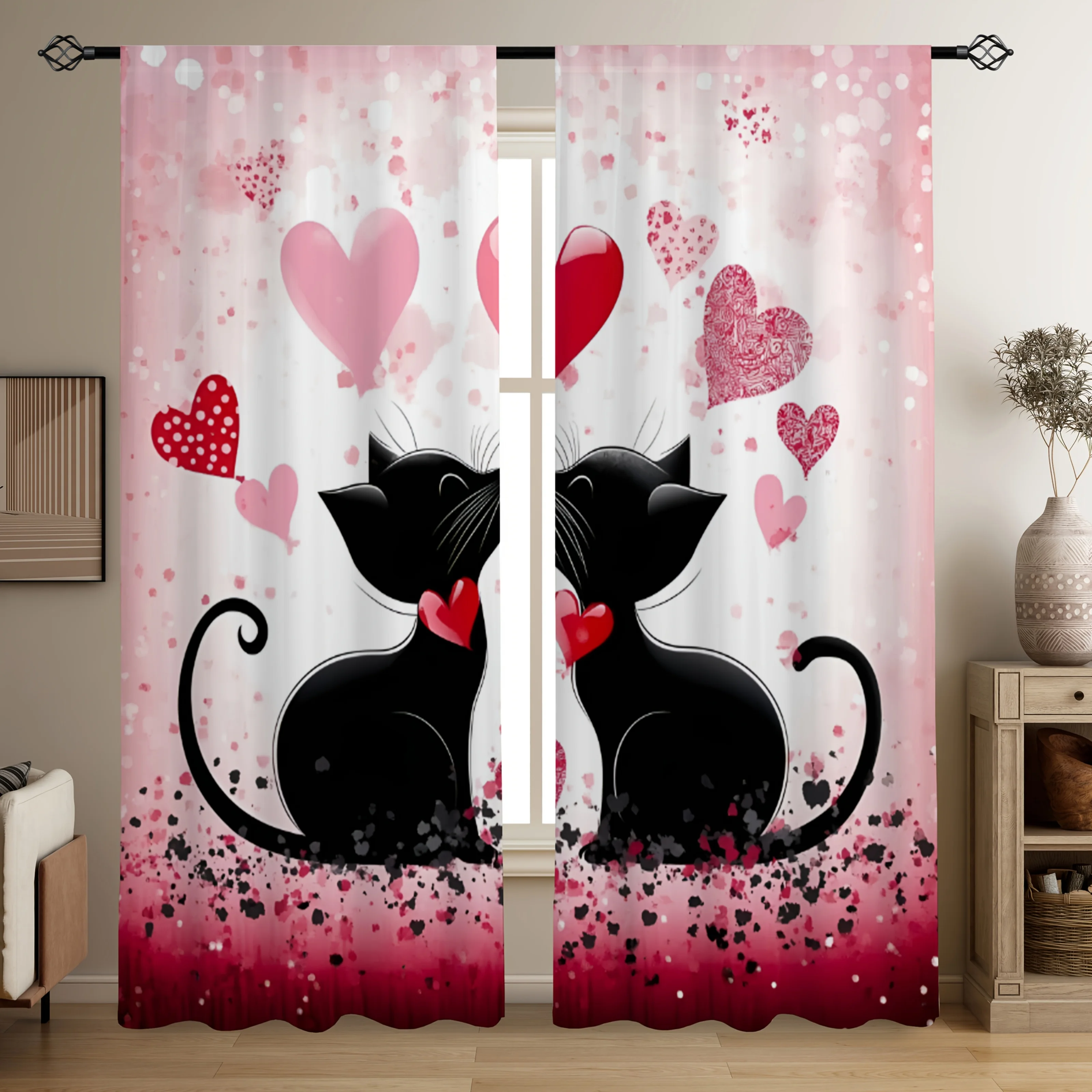 Romantic Black Cat Couple Curtains Pink Heart Love Print Sheer Drapes for Bedroom, Valentine's Kawaii Pet Theme Window Treatment