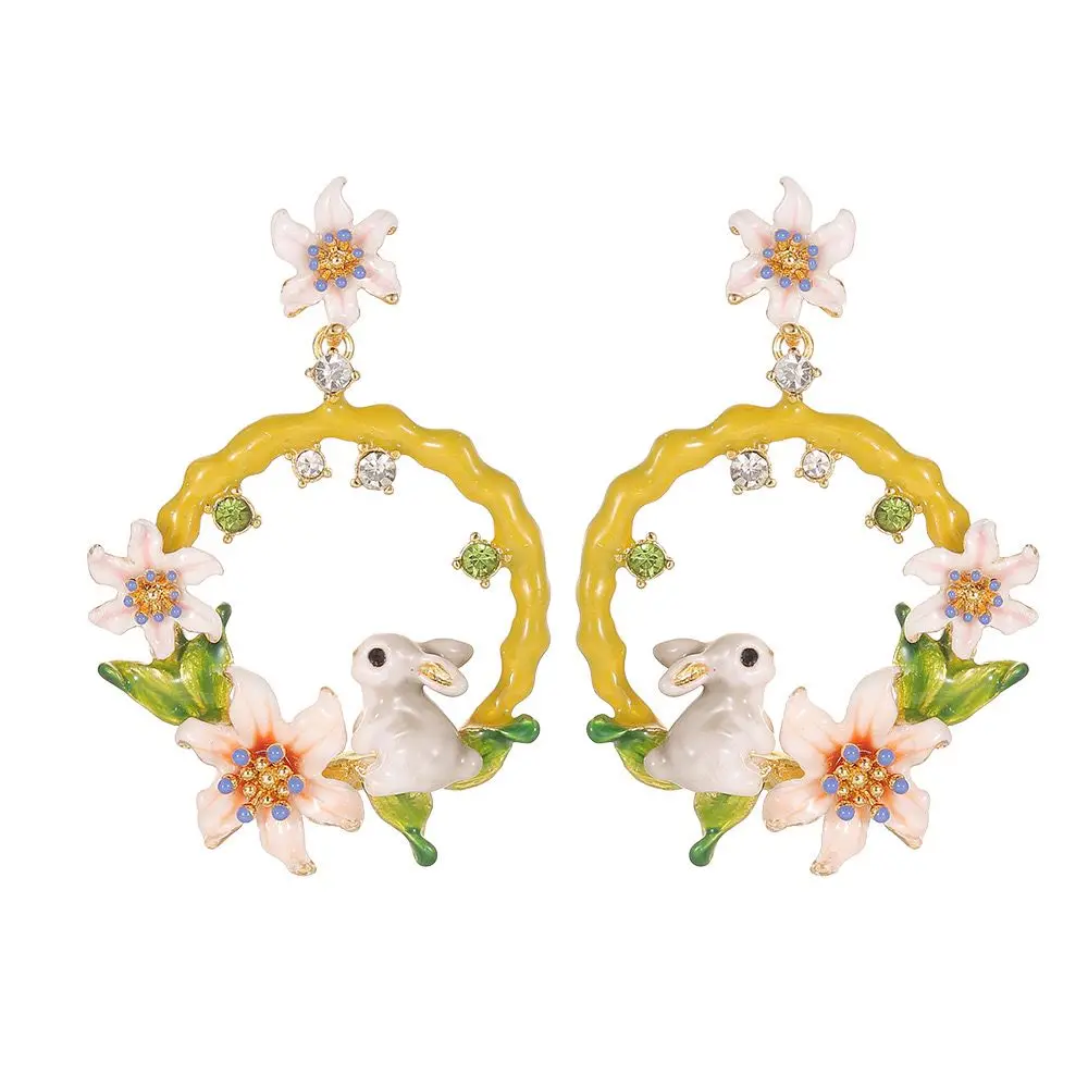 High sense Original fashion enamel color glaze Daffodil Flowers Gray Bunny earrings Pink flower Circle earrings jewelry