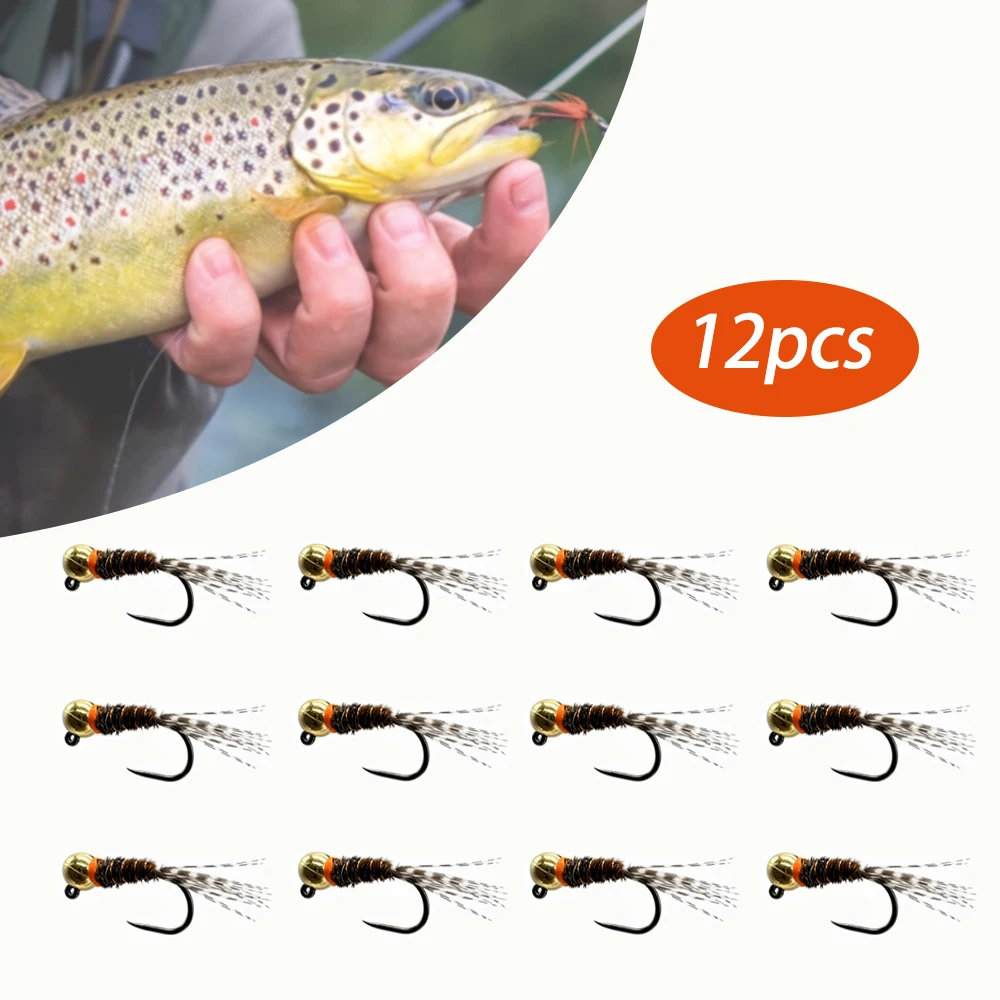 Image of 12-teiliges Perlkopf-Fliegenfischen-Set, Handgefertigte Nymphen-Forellenfliegen mit Federschwanz, Scharfer Haken für Forellen, Barsch & Panfische