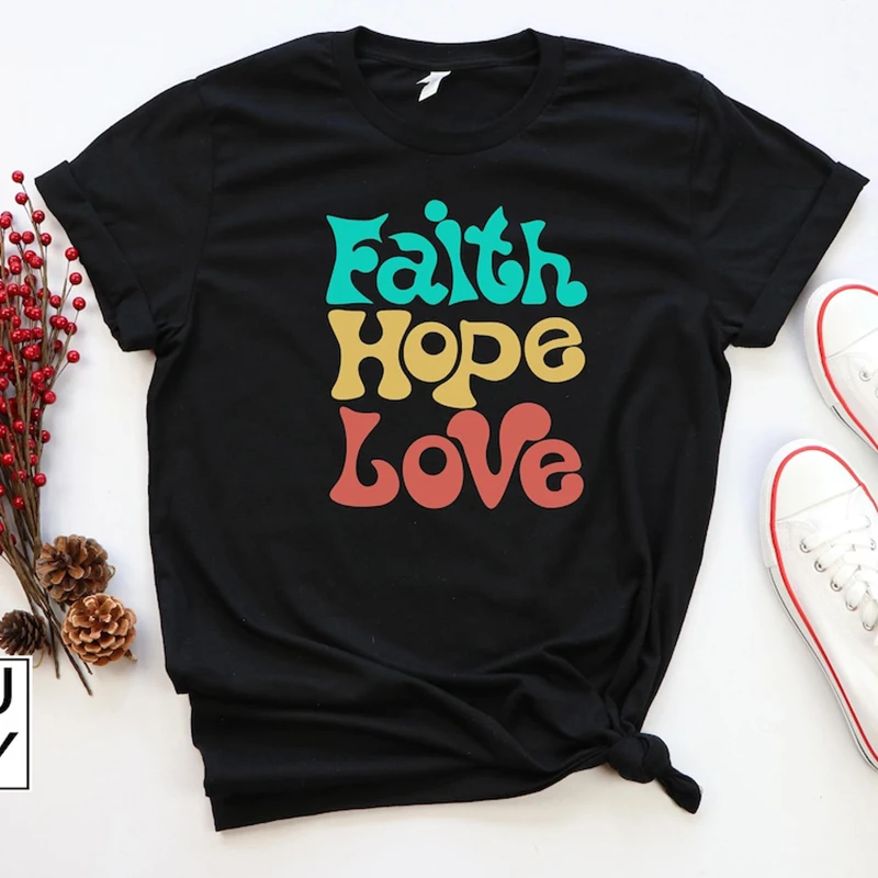 

Faith Hope Love Vintage T Shirt for Women Harajuku Cotton Summer Fashion Short Sleeved T-shirt Religious Easter Top Dropshipping