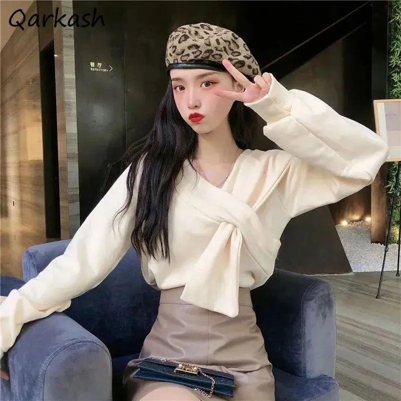 Sweatshirts Women Tender Solid Preppy Style Casual Criss-cross Design Spring Student Aesthetic Korean Stylish Clothes Simple New