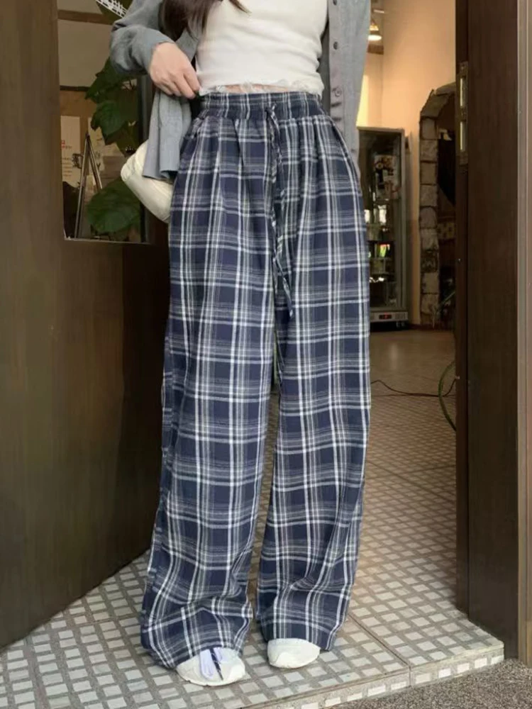 

Jmprs Lace Patchwork Plaid Pants Women Korean High Waist Vintage Trousers Casual Preppy Style Loose Female Retro Lace Up Pants