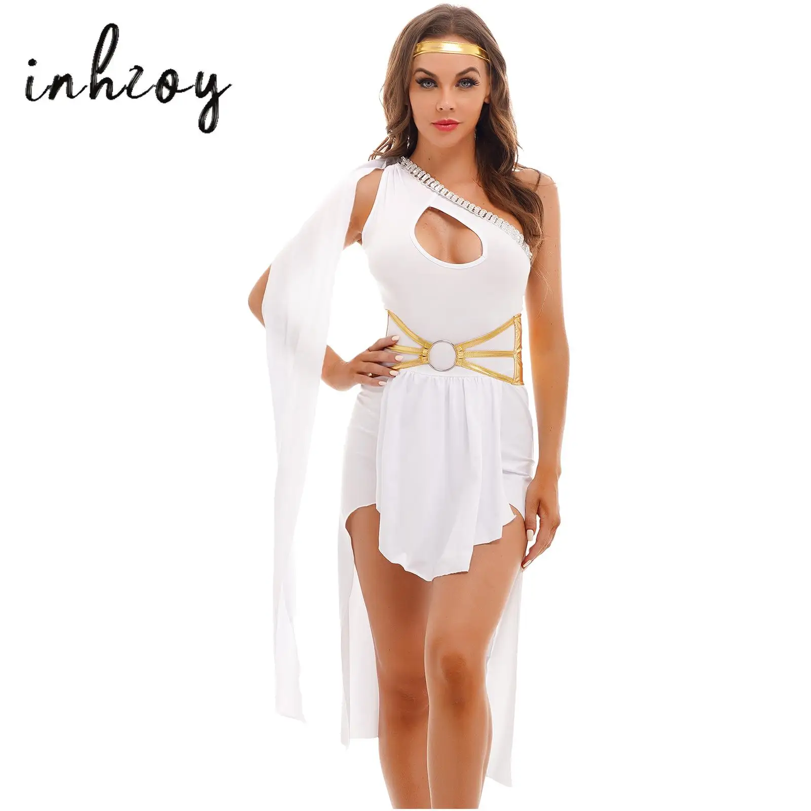 

Womens Ancient Greece Queen Costume Halloween Role Play Outfits One Shoulder Dress+O Ring Corset+Headwear Set for Performance