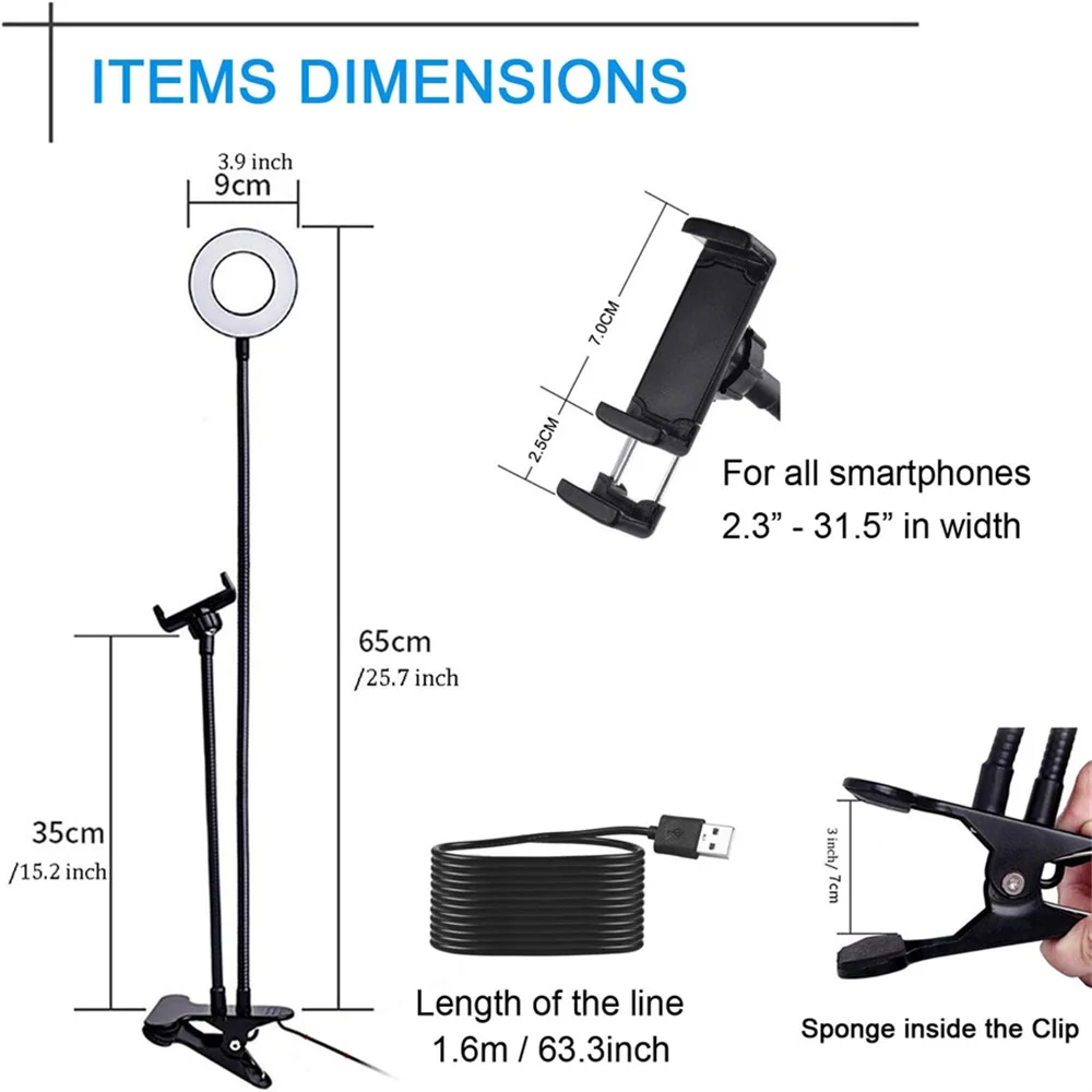 Suporte universal flexível para celular, com anel de luz para selfie, escritório, suporte preguiçoso, lâmpada de mesa, luz led para transmissão ao vivo, luz de preenchimento