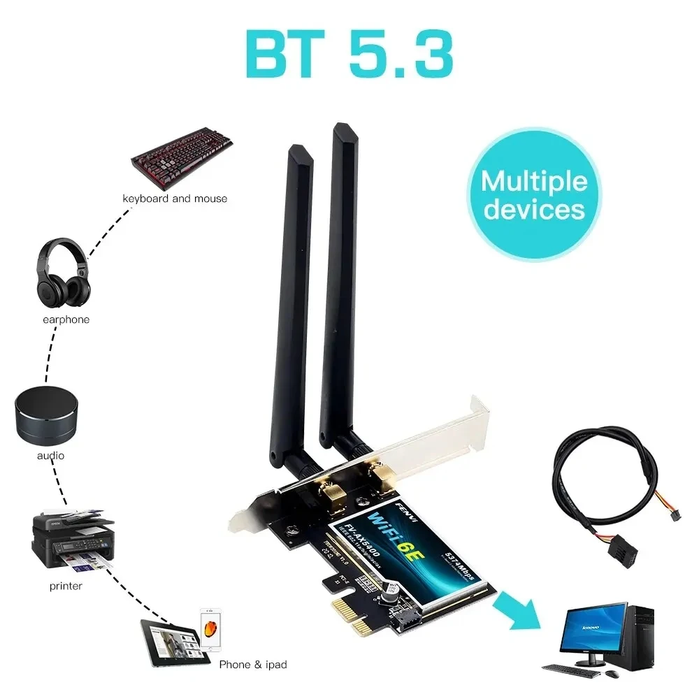 FENVI kartu WiFi 6E AX210 PCIe, kartu jaringan nirkabel Bluetooth 2.4 untuk Win 5374, kartu Wifi Tri Band 5.3G/5G/6Ghz 10/11 Mbps PCI Express