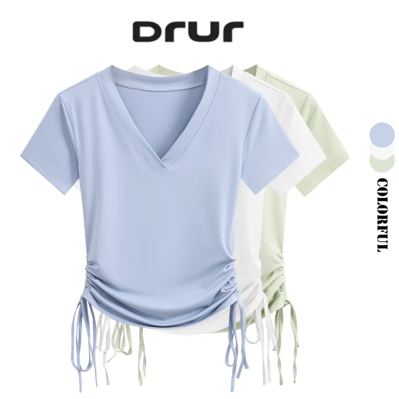 DRUR Summer Yoga Tops With Ruched Drawstring Side Short Sleeve Slim Fit Athletic T Shirts Casual V-neck Thin Sport Tee For Women