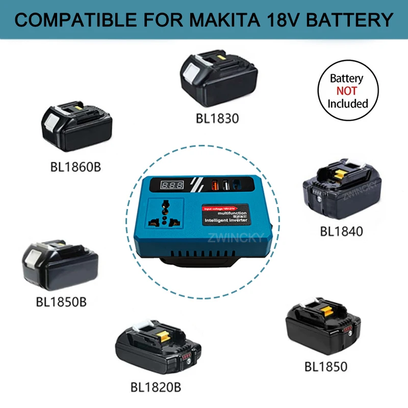 Convertitore di potenza DC 18V a 220V Adattatore inverter Convertitore di alimentazione per elettrodomestici per Makita/Dewalt/Milwaukee Campo all'aperto
