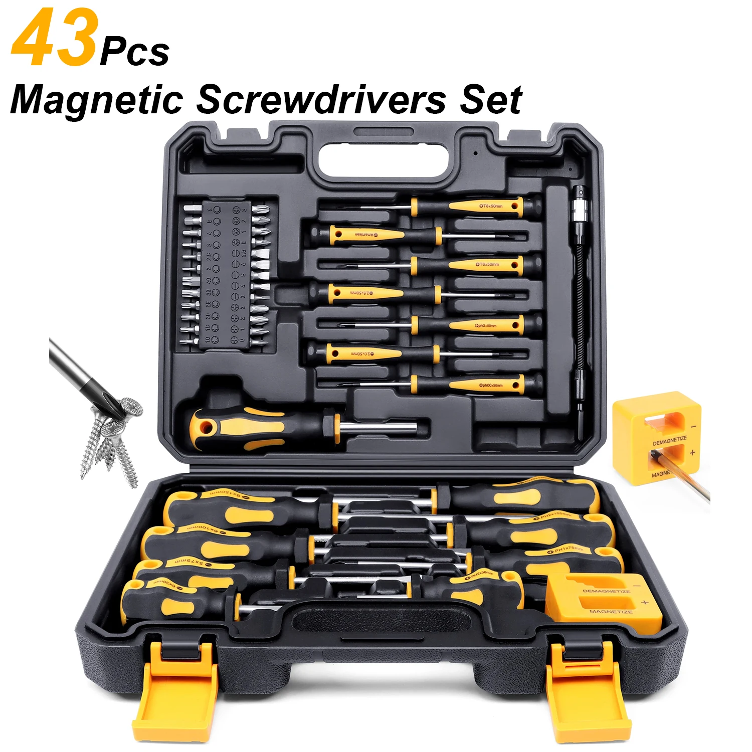 43 Pcs Magnetic Screwdrivers Set Slotted, Phillips, Hex, Pozidriv,Torx Precision Screwdriver Set, Magnetizer Demagnetizer Tools