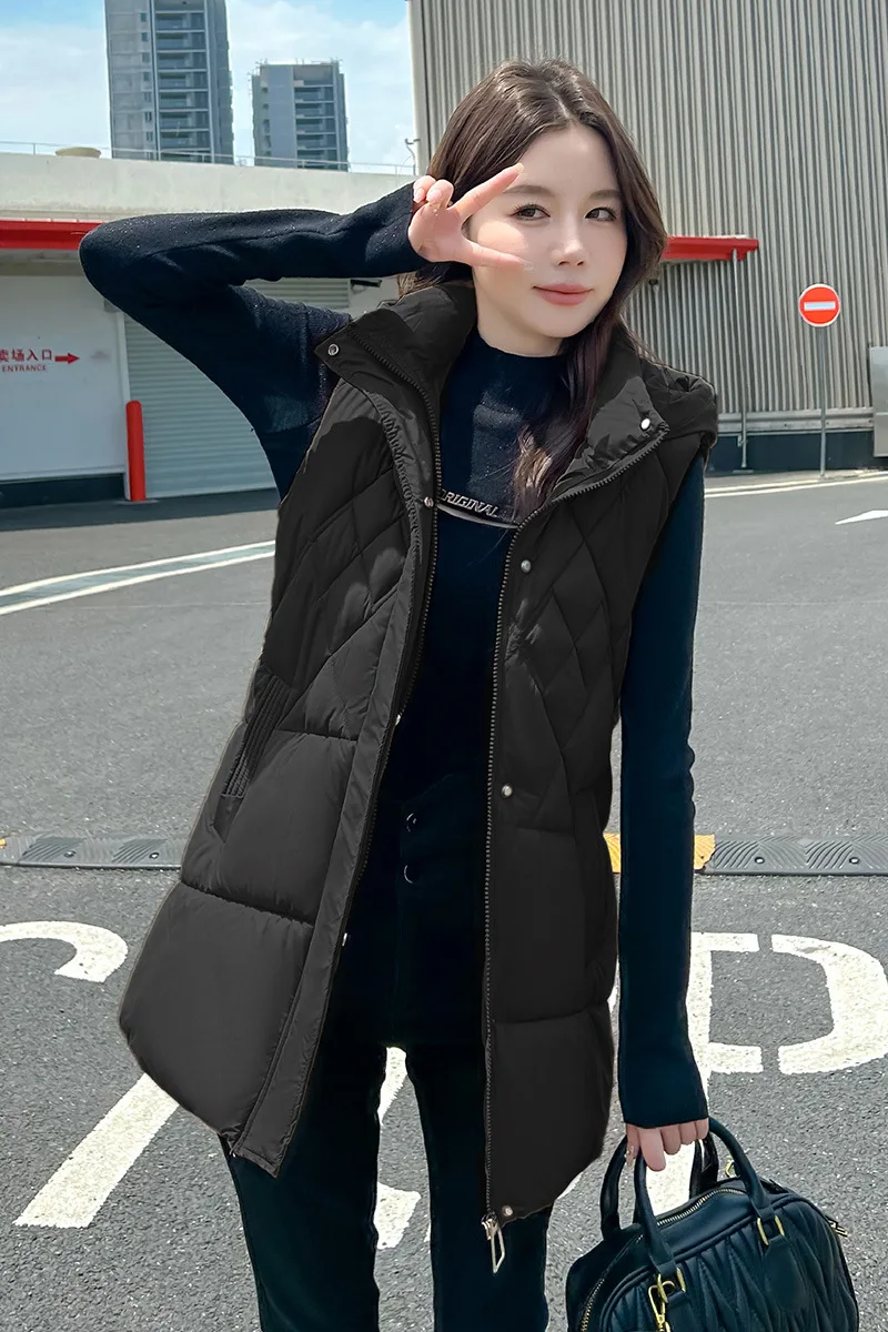 Parkas Women Sleeveless Hooded Vest Coats Midi Length Coat Slim Fit Thick Zipper Solid Casual Jacket Vests Pockets Autumn Winter