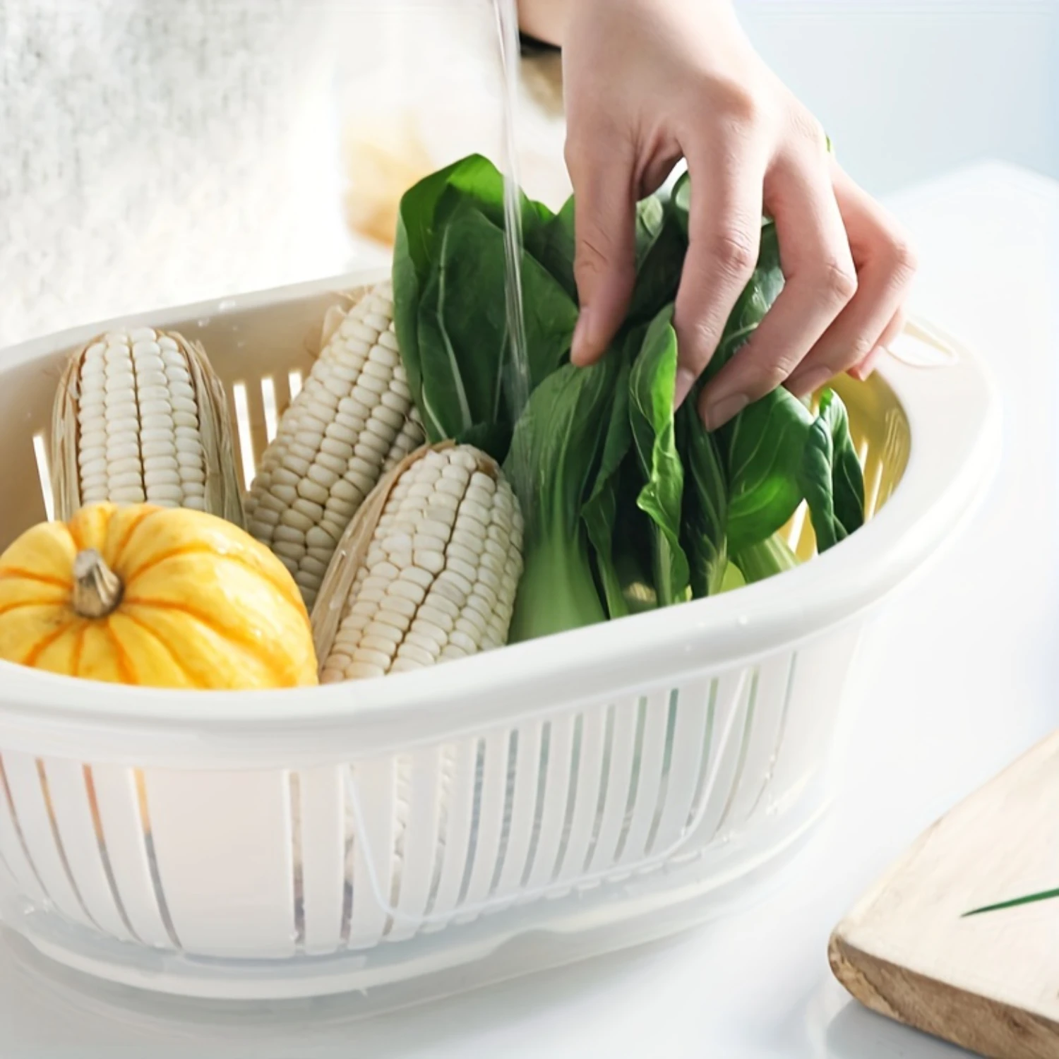 

1pc Double Layer Drain Basket, Multi-functional Vegetable Washing Colander, Plastic Strainer, Reusable Household Kitchen Gadgets