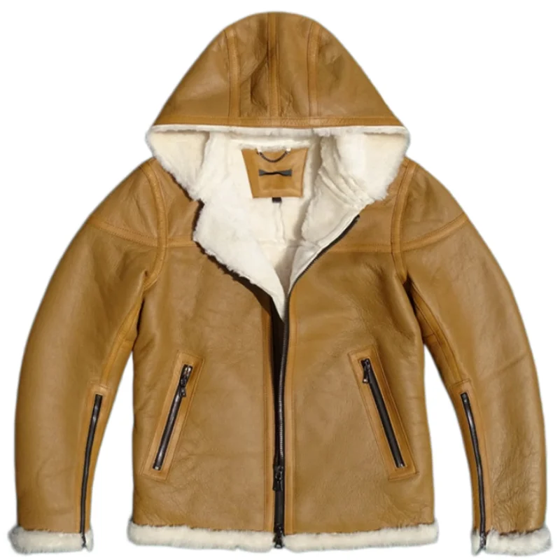 Yellow Winter Hooded Shearling Jacket Men Casual Style Plus Size 5XL Genuine Natural Thick Sheepskin Turn-Down Collar Warm Coat