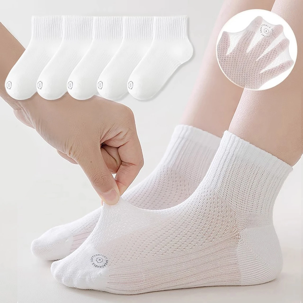 5Pair Children Mesh Socks Lightweight Summer Cotton Socks for Boys Girls Odour-resistant White Sports Sock Kids Mid-calf Sock