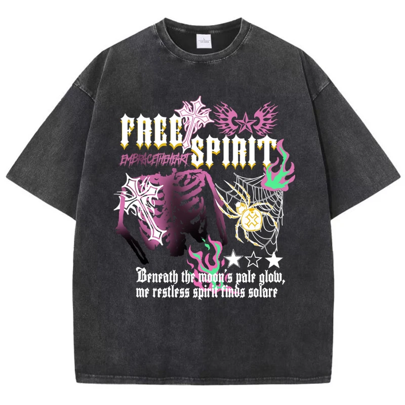 Free Spirit Colorful Skeleton Cobweb Printing Womans Washed T-Shirts Soft Loose Breathable Cotton Tops Summer Female Clothes