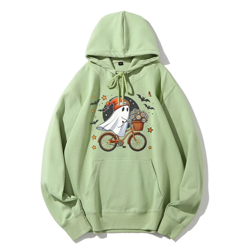 Cute Ghost On Bike Hoodie Boho Halloween Sweatshirt Spooky Season Ghost Bicycle Floral Flower Pullovers Autumn Halloween Shirt