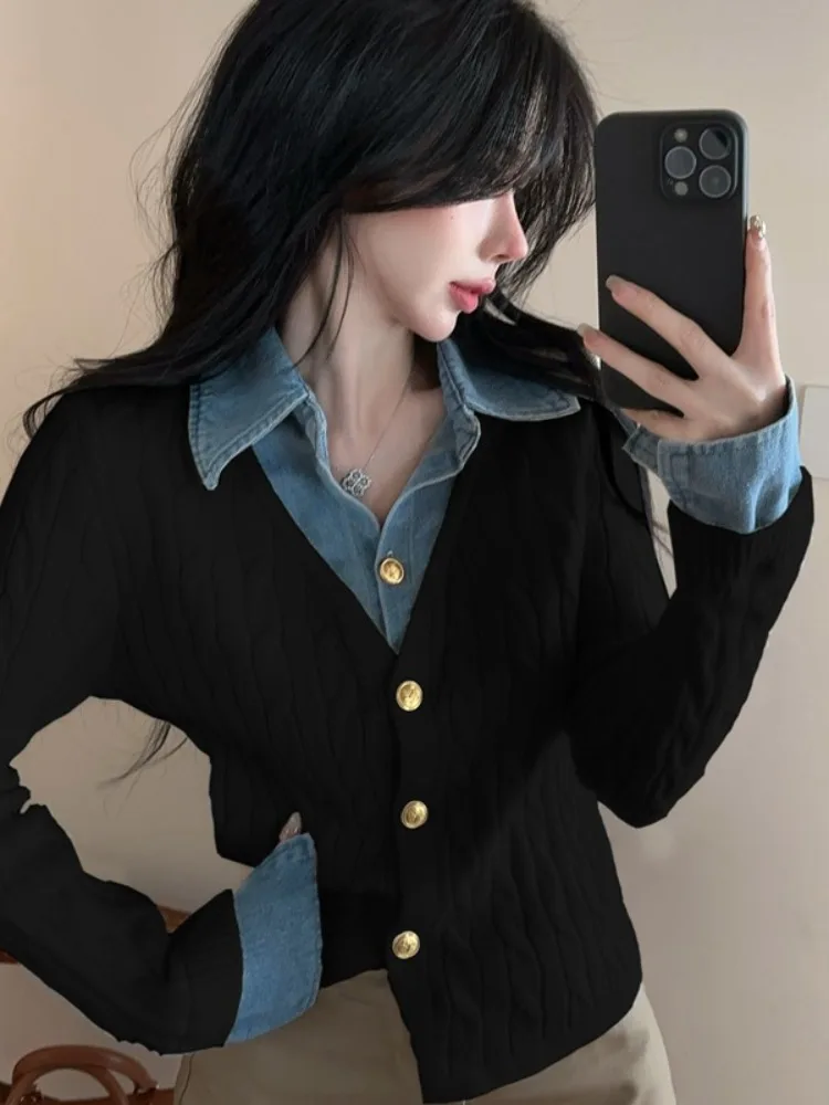 Pull en tricot à effet deux pièces unique en denim Ne Splice, design féminin, coupe slim, haut long, style coréen, vêtement quotidien