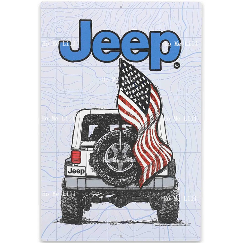 Jeep And American Flag Metal Sign Vintage Patriotic For Garage Shop Or Man Cave Decor