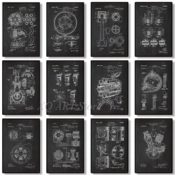 Engine Motor Mechanic Blueprints Posters Picture Vintage Mechanical Enthusiast Wall Art Decor Home Decoration For Living Room