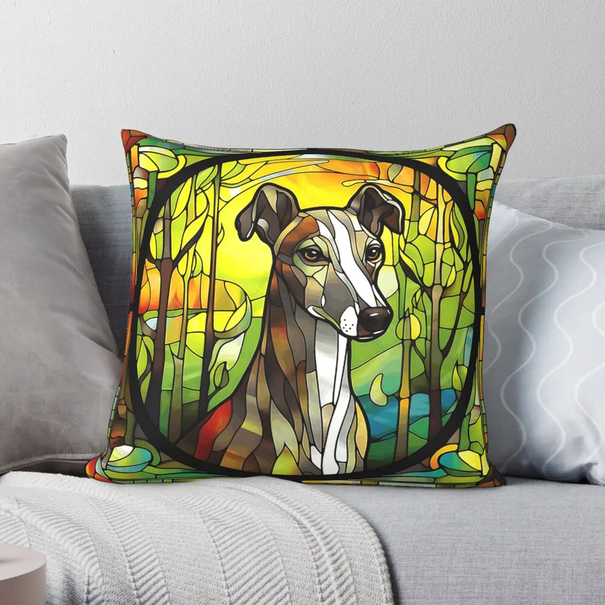 Stained Glass Whippet Square Pillowcase Polyester Linen Velvet Pattern Zip Decorative Pillow Case Bed Cushion Case Wholesale 18
