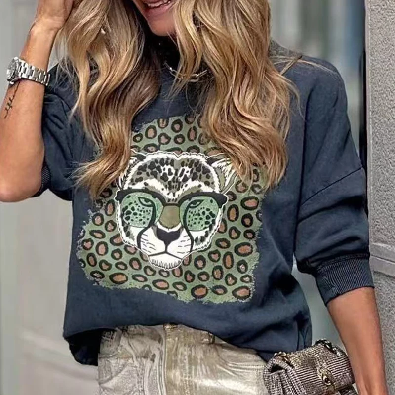 Women Leopard Print Sweatshirts 2024 Fashion Vintage O-neck Casual Long Sleeve Harajuku Pullover Loose Temperament New Pullover