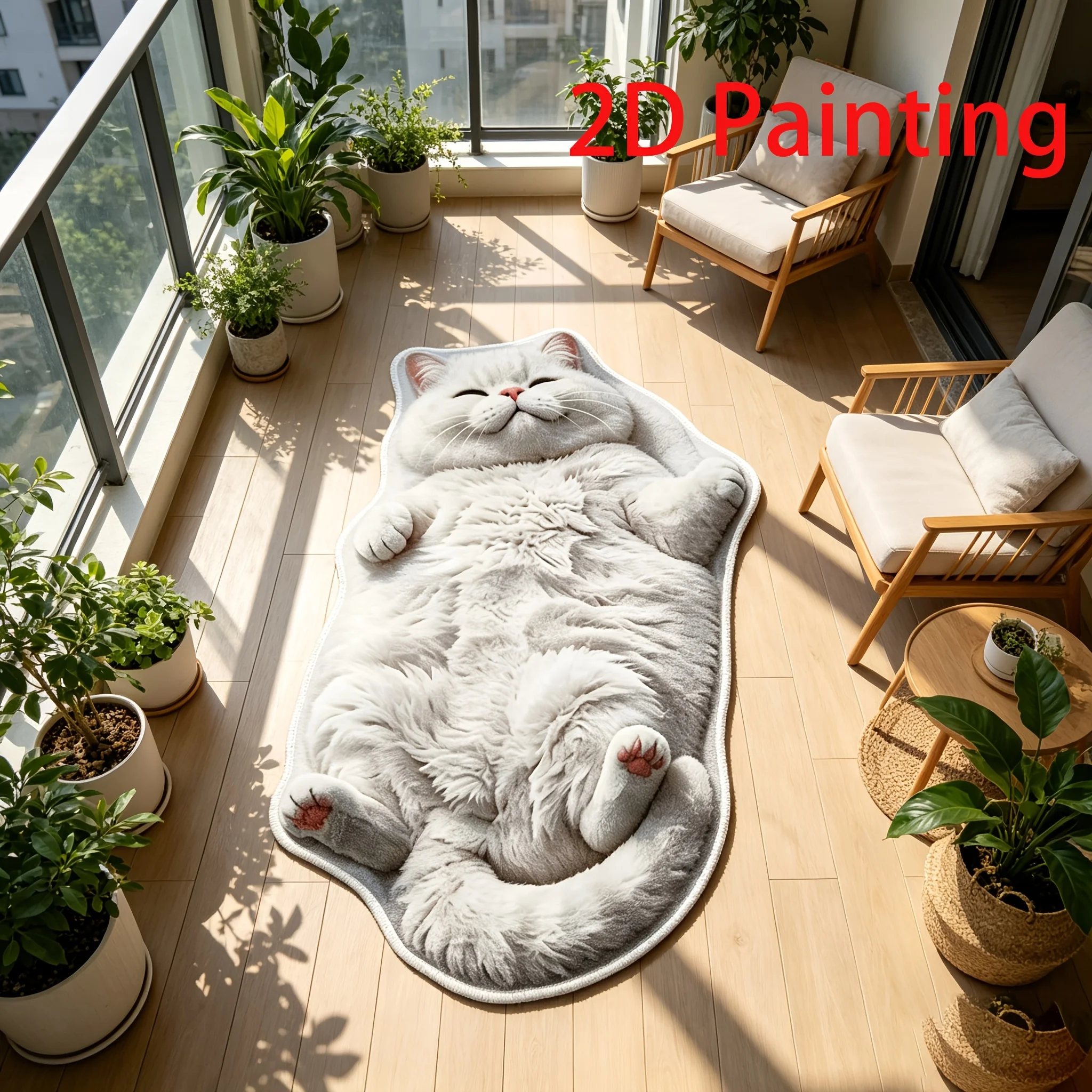 VIKAMA Sleeping British Shorthair Cat Shaped Long Rug 2D Furry Print Non Slip Soft Balcony Bedroom Absorbent Floor Carpet