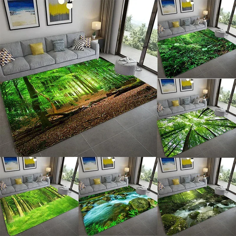 Green Forest Trees Flowers Streams Natural Landscape 3D Visual Effect Bedroom Non-slip Floor Mat Bathroom Large Size Mat