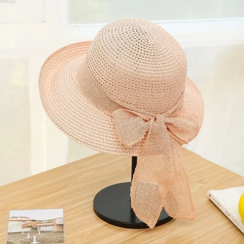 Summer Korean Women\'s Bow Popular Straw Hat Holiday Sunscreen Curled Fashion Beach Sunshade Hat