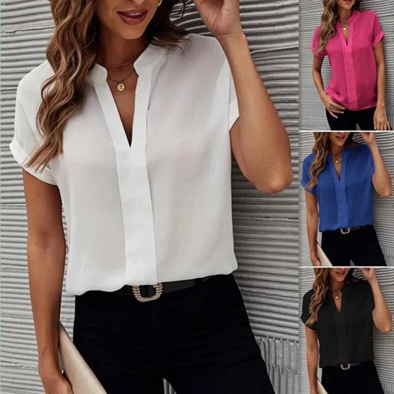 Elegant Office Lady White Chiffon Women Shirt 2023 Summer New Work V-Neck Short Sleeve Loose Women Casual Blouse Female Clothes