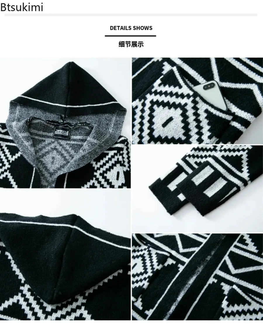 Fashion New Style Men's Clothes Autumn Winter Knitted Hooded Cardigans Streetwear Vintage Jacquard Middle Length Sweater Jackets