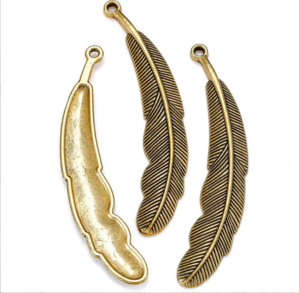 100pcs Charms Double Sided Feather 55*13mm Antique Bronze Silver Color Pendants Making DIY Handmade Tibetan Bronze Jewelry F0365