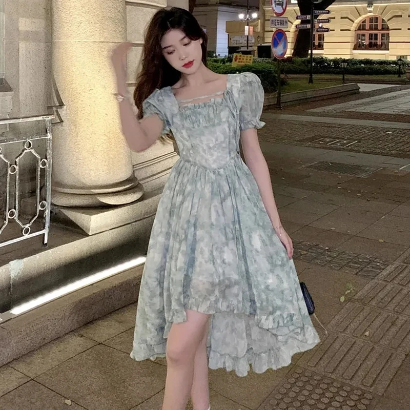 

Summer Irregular Chiffon Dress Vintage Short Sleeve Square Collar Fairy Dress Sundress Princess A Line Midi Dress Vestido
