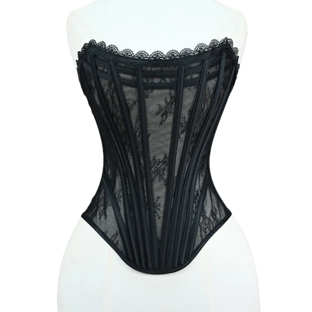Women Luxury Corset Bustier Tops Overbust Sexy Mesh Strapless Lace Up Boned Bodice Push Up Breast For Wedding Party