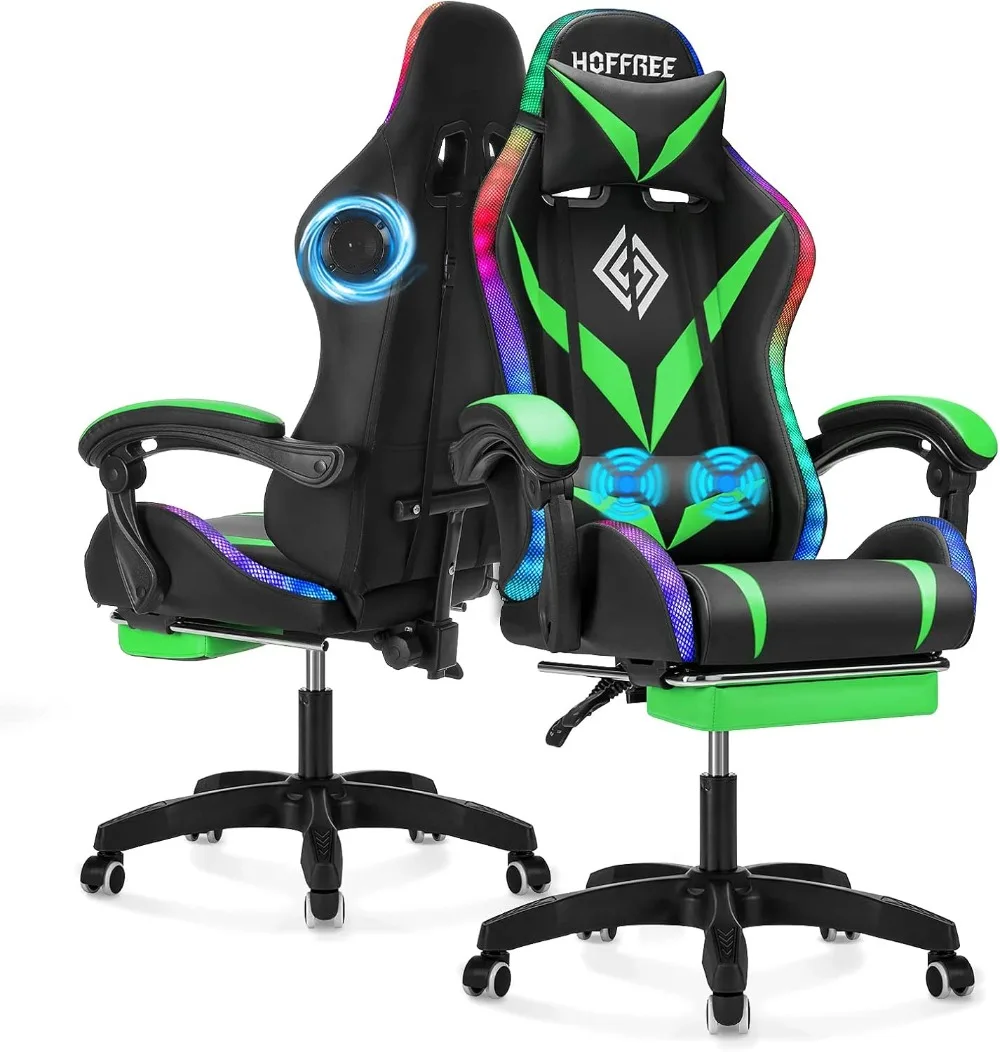 Gaming Chair with Bluetooth Speakers and RGB LED Lights Ergonomic Massage Computer Gaming Chair with Footrest Video Game