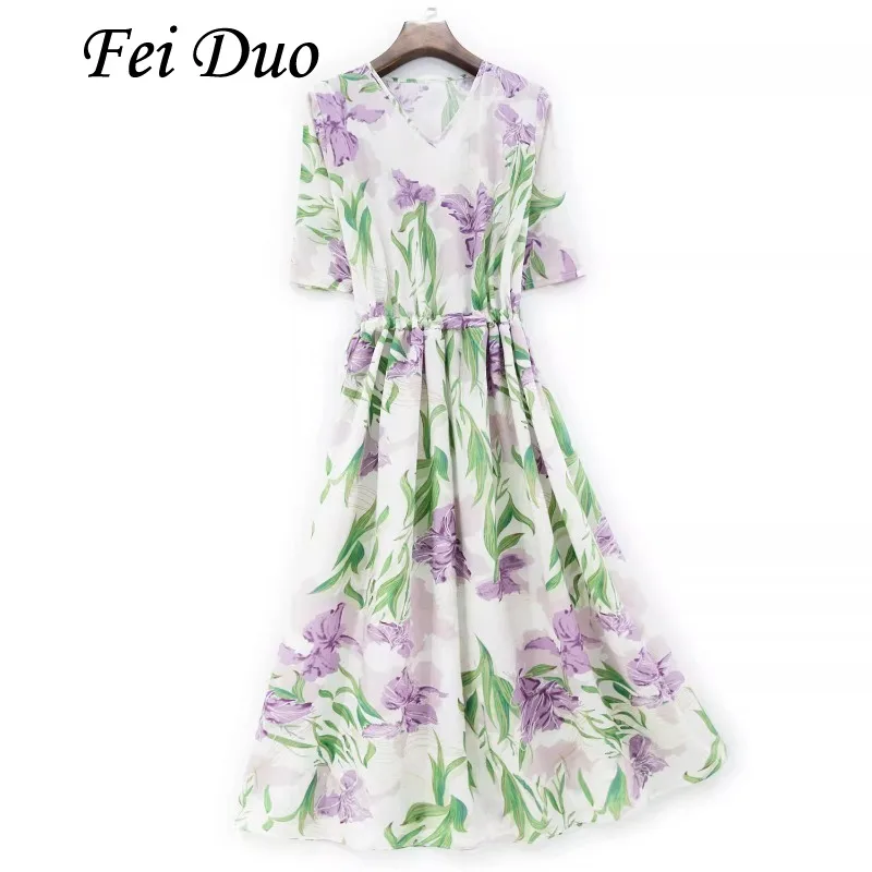 

2025 Women's Leisure Summer New 100% Natural Mulberry Silk Crepe De Chine Short Sleeve Purple Iris Flower Printed V-neck Dress