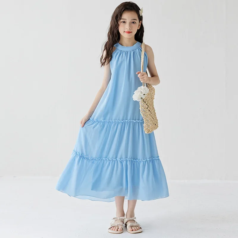 Girls Summer Beach Dress 2024 New Fashion Blue Sleeveless Sling Long Princess Dress Holiday Party Dress Teenage Kids Clothes