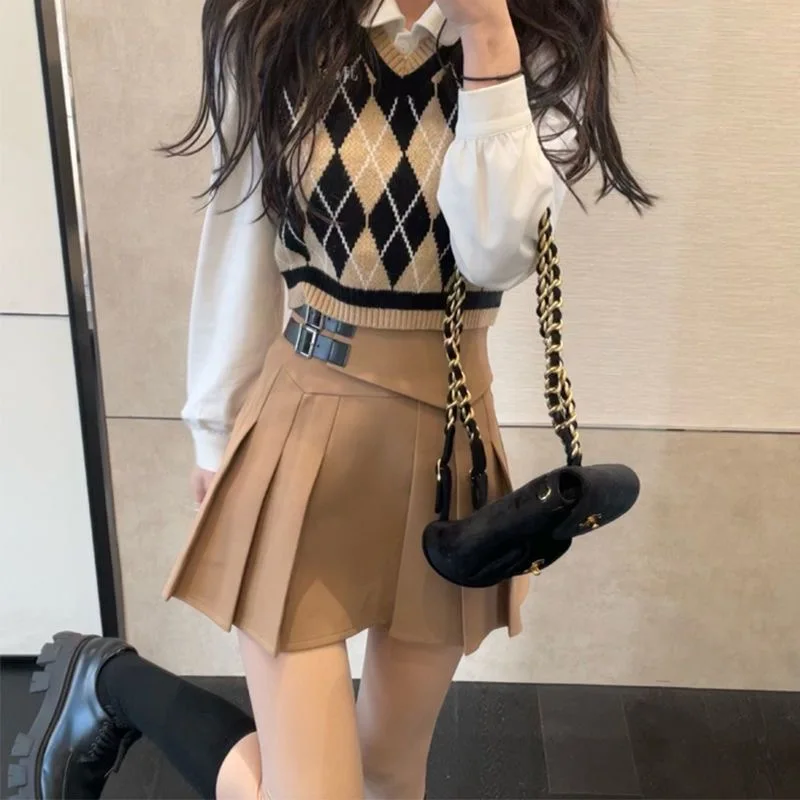 Preppy Style JK Uniform Set For Women 3-piece Cotton Diamond Plaid Knit Vest V-neck Shirt Long Sleeved High Waisted Skirt Khaki