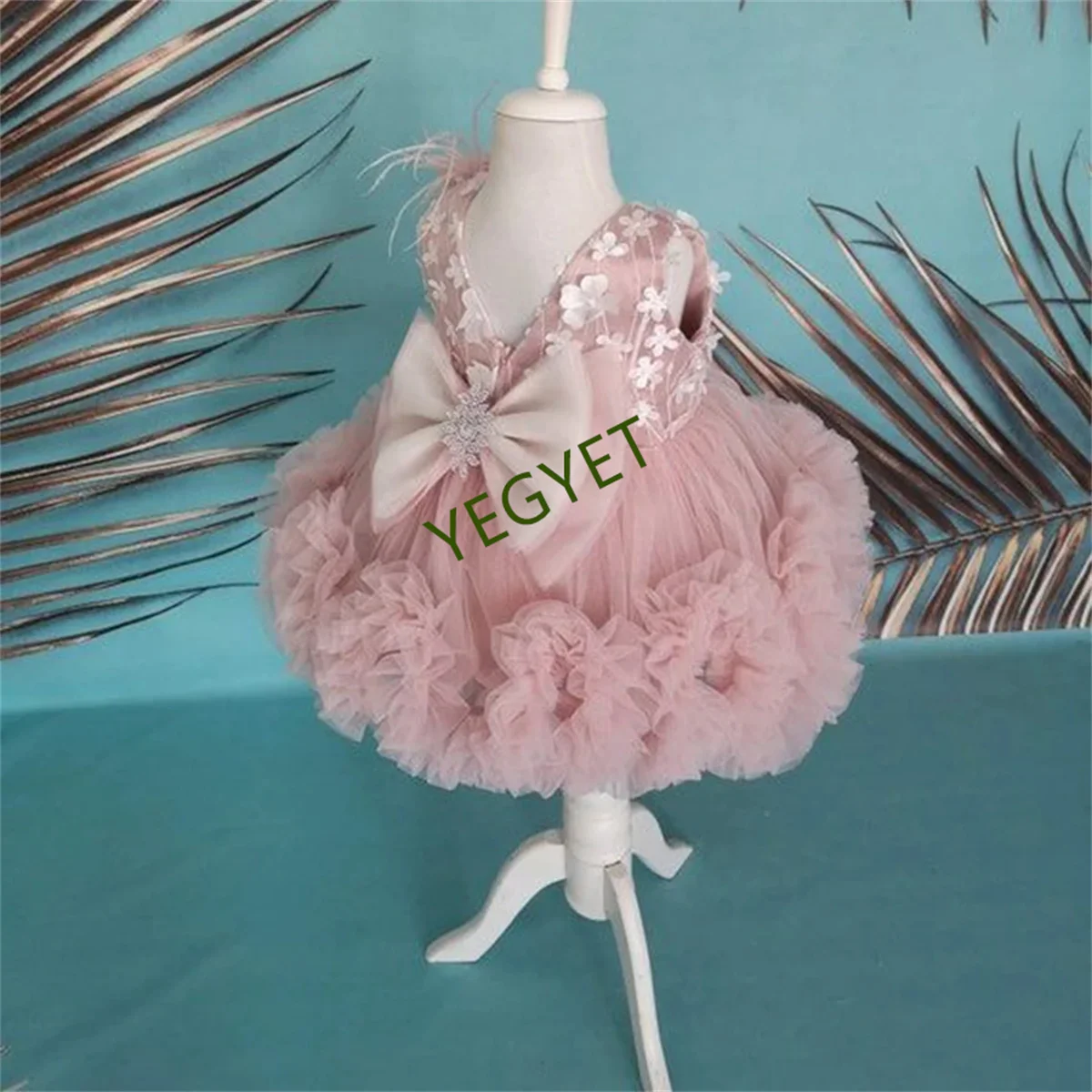 

Feathers Flower Girl Dresses Lace Wedding Tulle Appliques Pleat Mini Ball Gown First Communion Bow Dress for Kids Pageant Party