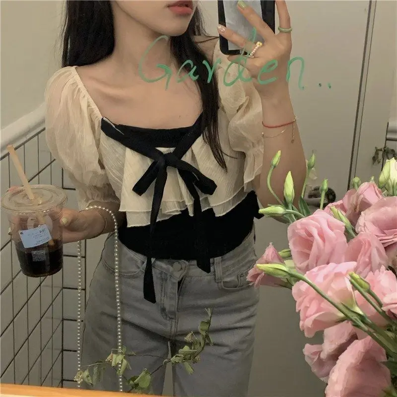 Sweet Blouses Women Patchwork Stylish Design Fake Two Pieces All-match Summer Cozy Ulzzang Cropped Puff Sleeve Colleges Leisure