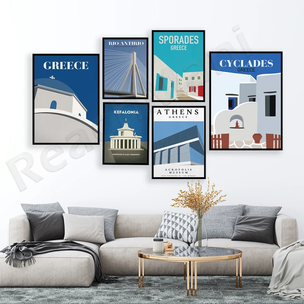 Acropolis museum in Athens, Greece, Cyclades architecture, Greek islands, Santorini, Amorgos, Mykonos, travel poster by Mankey